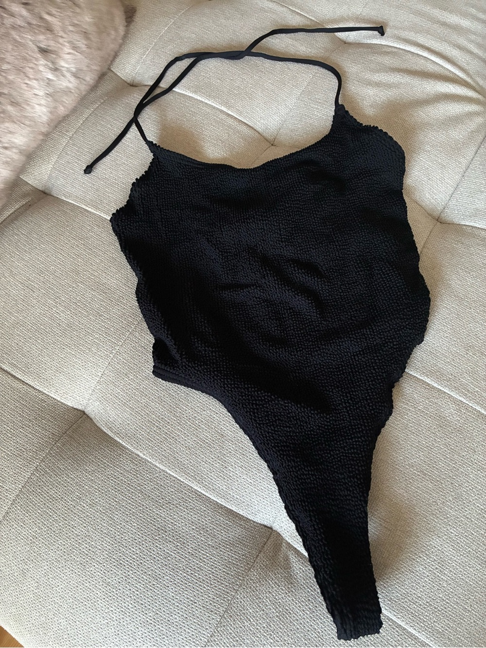 Black Textured One-Piece Swimsuit with Tie Straps